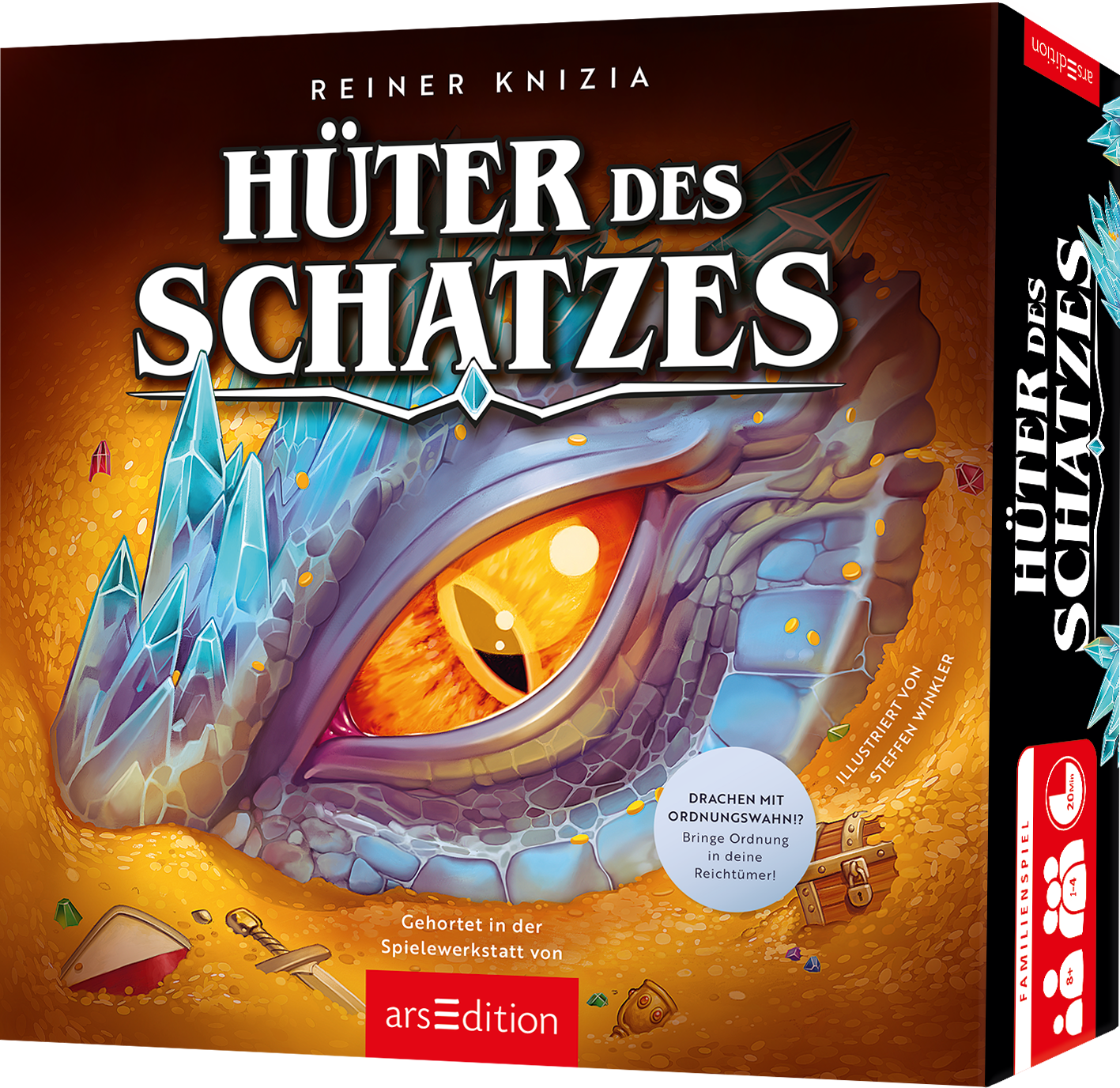 Das Buchcover zeigt das Titelbild „Hüter des Schatzes“ von Reiner Knizia. Im Mittelpunkt befindet sich das große Auge eines Drachen, das orange leuchtet und durch seine detailreiche Haut in dunklen Blautönen und Grautönen besticht. Um die Drachenfigur liegen versteckte Schätze und funkelnde Edelsteine, die eine mystische Atmosphäre schaffen. Die Schriftzüge sind in kräftigem Weiß und Schwarz gehalten und erzeugen einen starken Kontrast. Ganz unten mittig steht der Logoschriftzug...