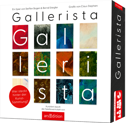 Das Cover zeigt den Titel „Gallerista“ in großen, klaren Buchstaben, wobei „Gallerista“ in roter Farbe hervorgehoben ist. Unterhalb sind neun farbige Kacheln angeordnet, die verschiedene Kunstwerke darstellen. Die Farben reichen von warmen Rottönen bis hin zu kühlen Grüntönen und Beige. In der oberen linken Ecke steht der Hinweis „Ein Spiel von Steffen Bogen &amp; Bernd Stiegler“, und in der unteren rechten Ecke „Grafik von Claus Stephan“. Ganz unten mittig steht der...
