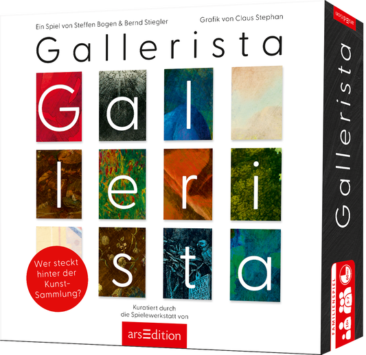 Das Cover zeigt den Titel „Gallerista“ in großen, klaren Buchstaben, wobei „Gallerista“ in roter Farbe hervorgehoben ist. Unterhalb sind neun farbige Kacheln angeordnet, die verschiedene Kunstwerke darstellen. Die Farben reichen von warmen Rottönen bis hin zu kühlen Grüntönen und Beige. In der oberen linken Ecke steht der Hinweis „Ein Spiel von Steffen Bogen & Bernd Stiegler“, und in der unteren rechten Ecke „Grafik von Claus Stephan“. Ganz unten mittig steht der...