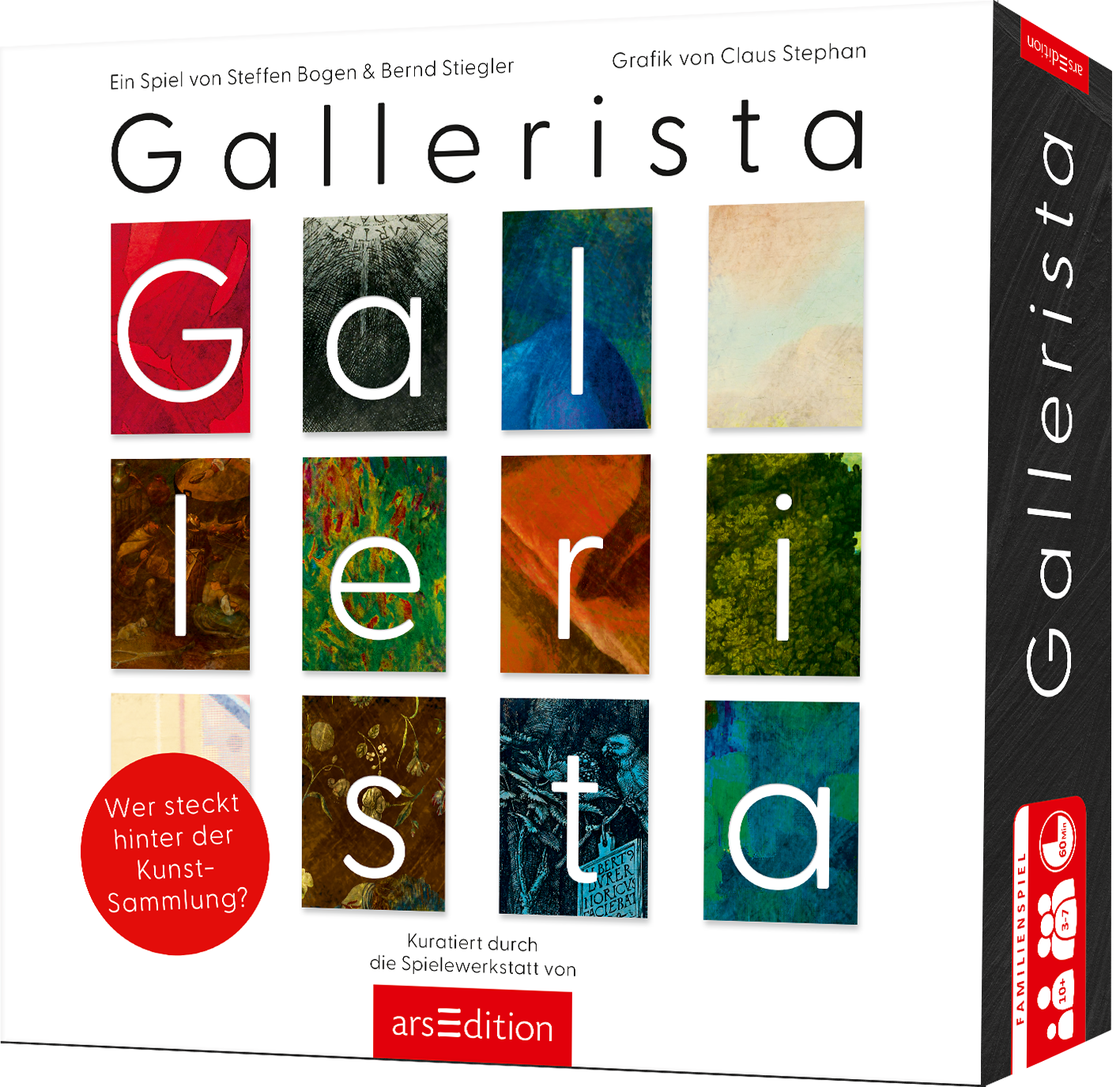 Das Cover zeigt den Titel „Gallerista“ in großen, klaren Buchstaben, wobei „Gallerista“ in roter Farbe hervorgehoben ist. Unterhalb sind neun farbige Kacheln angeordnet, die verschiedene Kunstwerke darstellen. Die Farben reichen von warmen Rottönen bis hin zu kühlen Grüntönen und Beige. In der oberen linken Ecke steht der Hinweis „Ein Spiel von Steffen Bogen &amp; Bernd Stiegler“, und in der unteren rechten Ecke „Grafik von Claus Stephan“. Ganz unten mittig steht der...