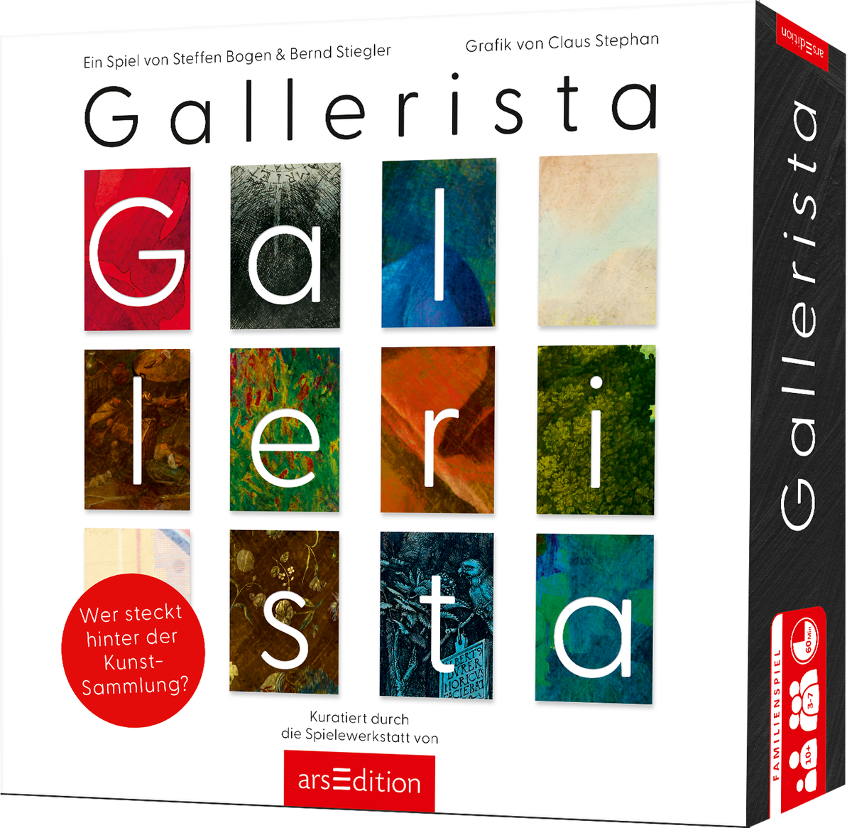 Das Cover zeigt den Titel „Gallerista“ in großen, klaren Buchstaben, wobei „Gallerista“ in roter Farbe hervorgehoben ist. Unterhalb sind neun farbige Kacheln angeordnet, die verschiedene Kunstwerke darstellen. Die Farben reichen von warmen Rottönen bis hin zu kühlen Grüntönen und Beige. In der oberen linken Ecke steht der Hinweis „Ein Spiel von Steffen Bogen &amp; Bernd Stiegler“, und in der unteren rechten Ecke „Grafik von Claus Stephan“. Ganz unten mittig steht der...