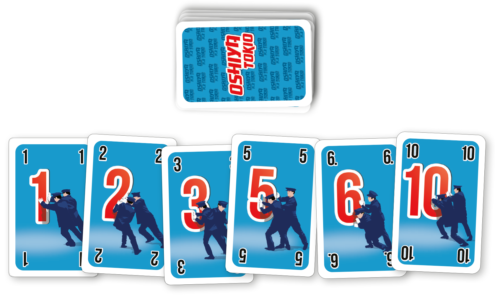 Gezeigt wird eine Innen- oder Zusatzansicht von „Oshiya“. Die Karten sind in lebhaftem Blau gehalten und präsentieren große, auffällige Zahlen in rot. Jede Karte zeigt eine andere Zahl, begleitet von stilisierten Abbildungen von Polizisten, die die Zahlen grafisch unterstützen. Die Typografie ist klar und modern, was die Lesbarkeit erhöht. Der Stapel Karten im Hintergrund wirkt kompakt und sorgt für einen einheitlichen Gesamteindruck.