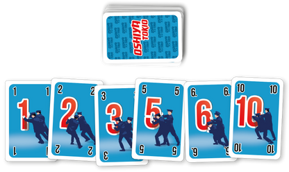 Gezeigt wird eine Innen- oder Zusatzansicht von „Oshiya“. Die Karten sind in lebhaftem Blau gehalten und präsentieren große, auffällige Zahlen in rot. Jede Karte zeigt eine andere Zahl, begleitet von stilisierten Abbildungen von Polizisten, die die Zahlen grafisch unterstützen. Die Typografie ist klar und modern, was die Lesbarkeit erhöht. Der Stapel Karten im Hintergrund wirkt kompakt und sorgt für einen einheitlichen Gesamteindruck.