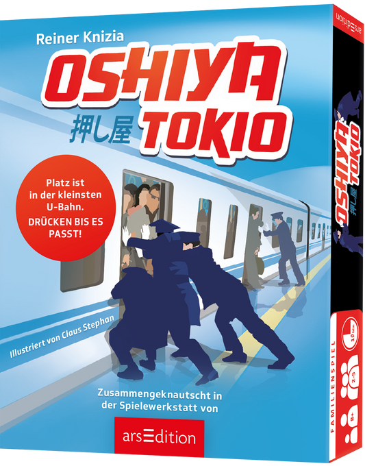 Das Buchcover zeigt eine dynamische Szene in einer U-Bahn in Tokio. Die kräftigen Farben Blau und Rot dominieren das Design. Im Vordergrund sind mehrere Personen zu sehen, die in einen Waggon gedrängt werden, während andere versuchen, auszusteigen. Der Titel „Oshiya Tokio“ ist in großen, auffälligen, roten Buchstaben platziert, gefolgt vom Untertitel „押し屋“ in kleinerer Schrift. Der Name des Autors, Reiner Knizia, steht oben, und darunter sind die Illustrationen von Claus...