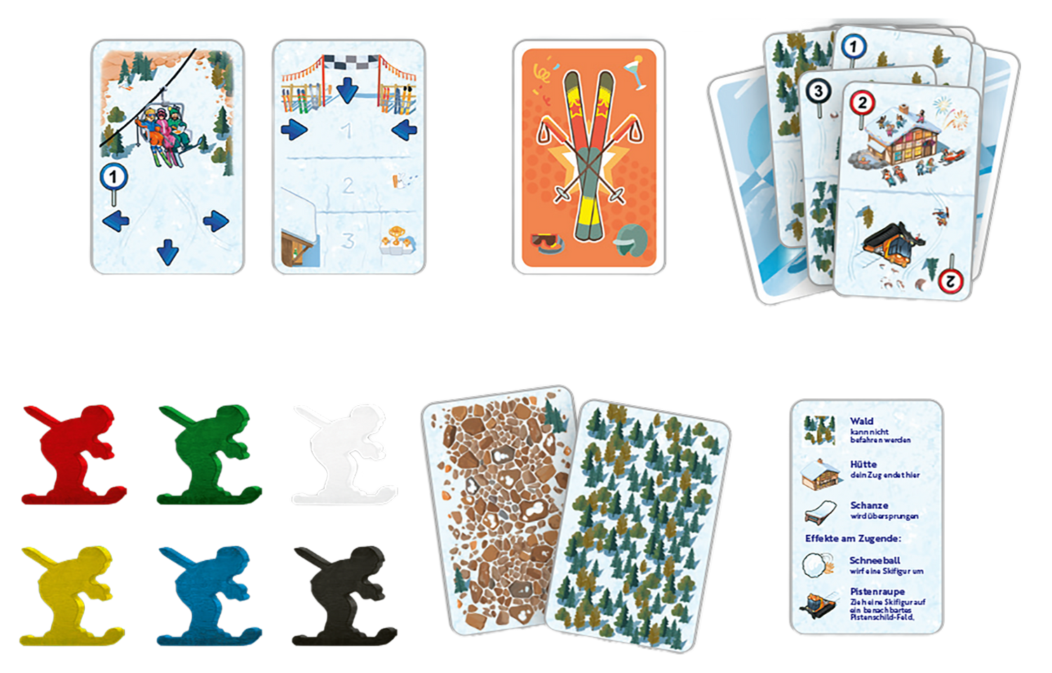 Gezeigt wird eine Innen- oder Zusatzansicht von „Pistengaudi“. Die Abbildung zeigt verschiedene bunte Spielkarten mit Ski- und Schneelandschafts-Motiven, darunter eine orange Karte mit Skiern und eine Karte mit einem Skiort. Zudem sind Spielsteine in mehreren Farben (Rot, Grün, Gelb, Blau, Schwarz und Weiß) abgebildet, die Skifahrer darstellen. Die Typografie auf den Karten ist klar und gut lesbar, mit einer Mischung aus Illustrationen und Text, der Hinweise zu Spielmechanismen gibt.