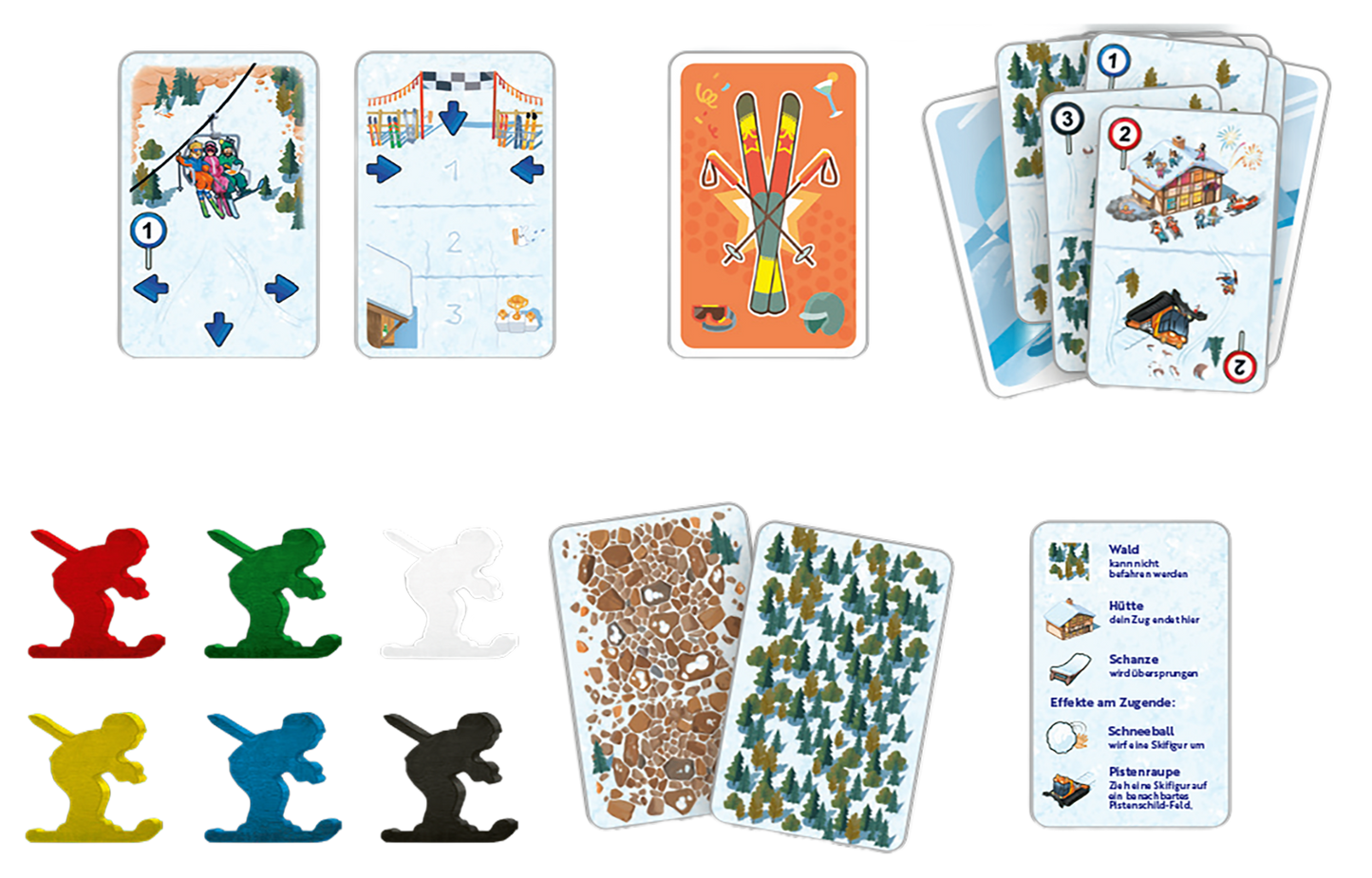 Gezeigt wird eine Innen- oder Zusatzansicht von „Pistengaudi“. Die Abbildung zeigt verschiedene bunte Spielkarten mit Ski- und Schneelandschafts-Motiven, darunter eine orange Karte mit Skiern und eine Karte mit einem Skiort. Zudem sind Spielsteine in mehreren Farben (Rot, Grün, Gelb, Blau, Schwarz und Weiß) abgebildet, die Skifahrer darstellen. Die Typografie auf den Karten ist klar und gut lesbar, mit einer Mischung aus Illustrationen und Text, der Hinweise zu Spielmechanismen gibt.