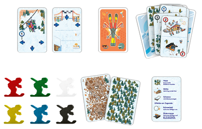 Gezeigt wird eine Innen- oder Zusatzansicht von „Pistengaudi“. Die Abbildung zeigt verschiedene bunte Spielkarten mit Ski- und Schneelandschafts-Motiven, darunter eine orange Karte mit Skiern und eine Karte mit einem Skiort. Zudem sind Spielsteine in mehreren Farben (Rot, Grün, Gelb, Blau, Schwarz und Weiß) abgebildet, die Skifahrer darstellen. Die Typografie auf den Karten ist klar und gut lesbar, mit einer Mischung aus Illustrationen und Text, der Hinweise zu Spielmechanismen gibt.