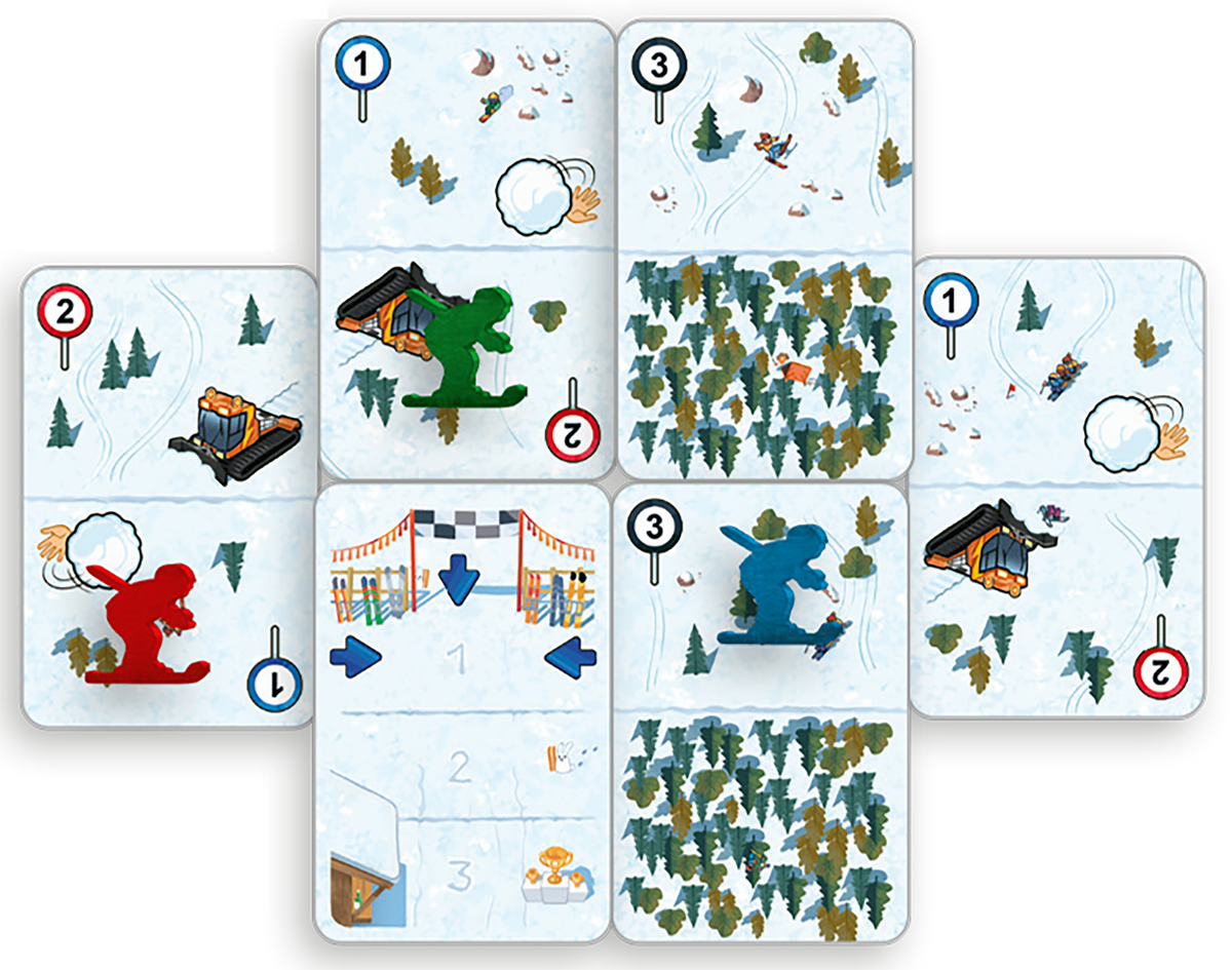 Gezeigt wird eine Innen- oder Zusatzansicht von „Pistengaudi“. Die Ansicht zeigt ein Spielbrett mit mehreren quadratischen Feldern, die größtenteils in Weiß gehalten sind und schneebedeckte Landschaften darstellen. Dazu gehören Bäume, Schneebälle und verschiedene Figuren, die in lebendigen Farben wie Rot, Grün und Blau gestaltet sind. Die Typografie umfasst nummerierte Felder und symbolische Darstellungen für die Spielanleitung. Eine Streckenmarkierung ist in der Mitte angeordnet...