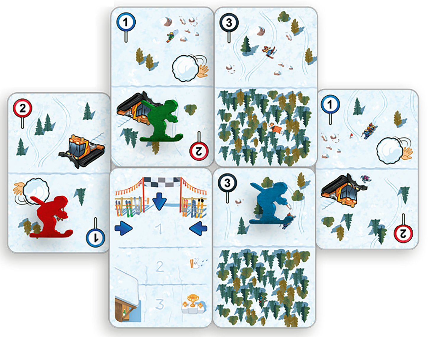 Gezeigt wird eine Innen- oder Zusatzansicht von „Pistengaudi“. Die Ansicht zeigt ein Spielbrett mit mehreren quadratischen Feldern, die größtenteils in Weiß gehalten sind und schneebedeckte Landschaften darstellen. Dazu gehören Bäume, Schneebälle und verschiedene Figuren, die in lebendigen Farben wie Rot, Grün und Blau gestaltet sind. Die Typografie umfasst nummerierte Felder und symbolische Darstellungen für die Spielanleitung. Eine Streckenmarkierung ist in der Mitte angeordnet...