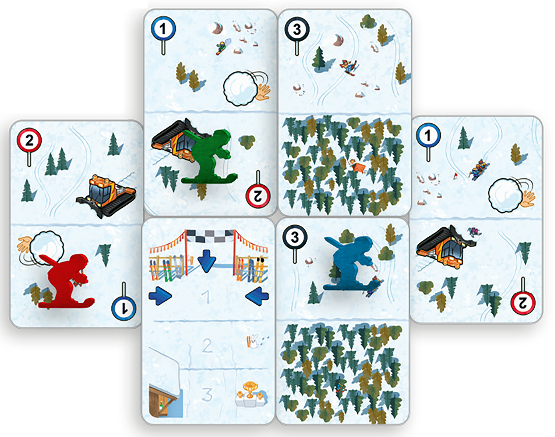 Gezeigt wird eine Innen- oder Zusatzansicht von „Pistengaudi“. Die Ansicht zeigt ein Spielbrett mit mehreren quadratischen Feldern, die größtenteils in Weiß gehalten sind und schneebedeckte Landschaften darstellen. Dazu gehören Bäume, Schneebälle und verschiedene Figuren, die in lebendigen Farben wie Rot, Grün und Blau gestaltet sind. Die Typografie umfasst nummerierte Felder und symbolische Darstellungen für die Spielanleitung. Eine Streckenmarkierung ist in der Mitte angeordnet...