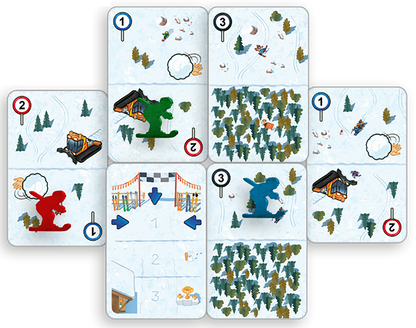 Gezeigt wird eine Innen- oder Zusatzansicht von „Pistengaudi“. Die Ansicht zeigt ein Spielbrett mit mehreren quadratischen Feldern, die größtenteils in Weiß gehalten sind und schneebedeckte Landschaften darstellen. Dazu gehören Bäume, Schneebälle und verschiedene Figuren, die in lebendigen Farben wie Rot, Grün und Blau gestaltet sind. Die Typografie umfasst nummerierte Felder und symbolische Darstellungen für die Spielanleitung. Eine Streckenmarkierung ist in der Mitte angeordnet...