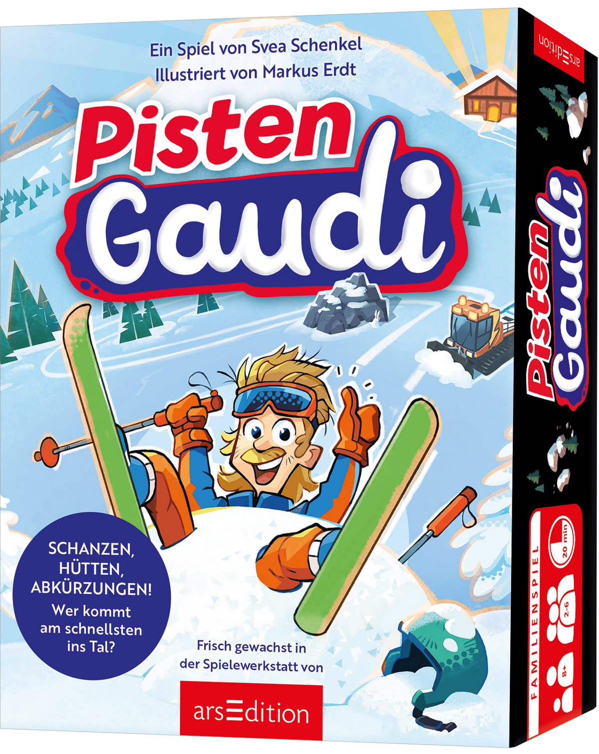 Das Buchcover zeigt den Titel „Pisten Gaudi“ in bunten, verspielten Buchstaben, die rot und blau hervorgehoben sind. Ein fröhlicher Skifahrer mit Ski in leuchtenden Farben, darunter ein hellblaues Skihorn, strahlt Lebensfreude aus. Im Hintergrund befinden sich verschneite Berge und eine Almhütte, die eine alpine Winterlandschaft darstellen. Oben links ist der Hinweis „Ein Spiel von Svea Schenkel, illustriert von Markus Erdt“ platziert. Ganz unten mittig steht der Logoschriftzug von...