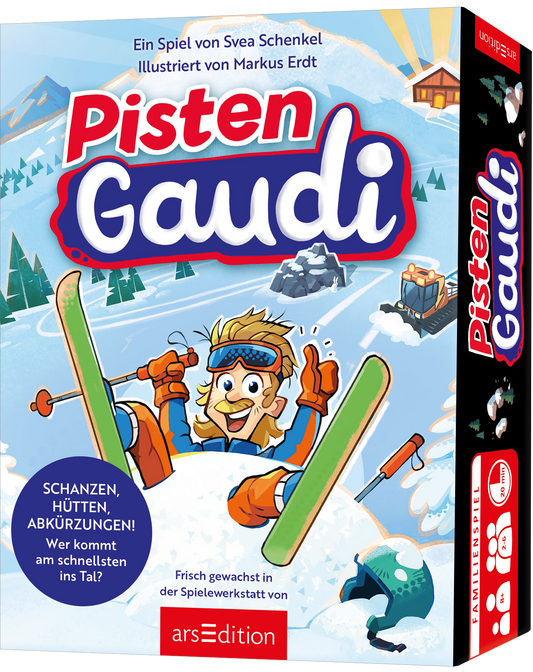 Das Buchcover zeigt den Titel „Pisten Gaudi“ in bunten, verspielten Buchstaben, die rot und blau hervorgehoben sind. Ein fröhlicher Skifahrer mit Ski in leuchtenden Farben, darunter ein hellblaues Skihorn, strahlt Lebensfreude aus. Im Hintergrund befinden sich verschneite Berge und eine Almhütte, die eine alpine Winterlandschaft darstellen. Oben links ist der Hinweis „Ein Spiel von Svea Schenkel, illustriert von Markus Erdt“ platziert. Ganz unten mittig steht der Logoschriftzug von...