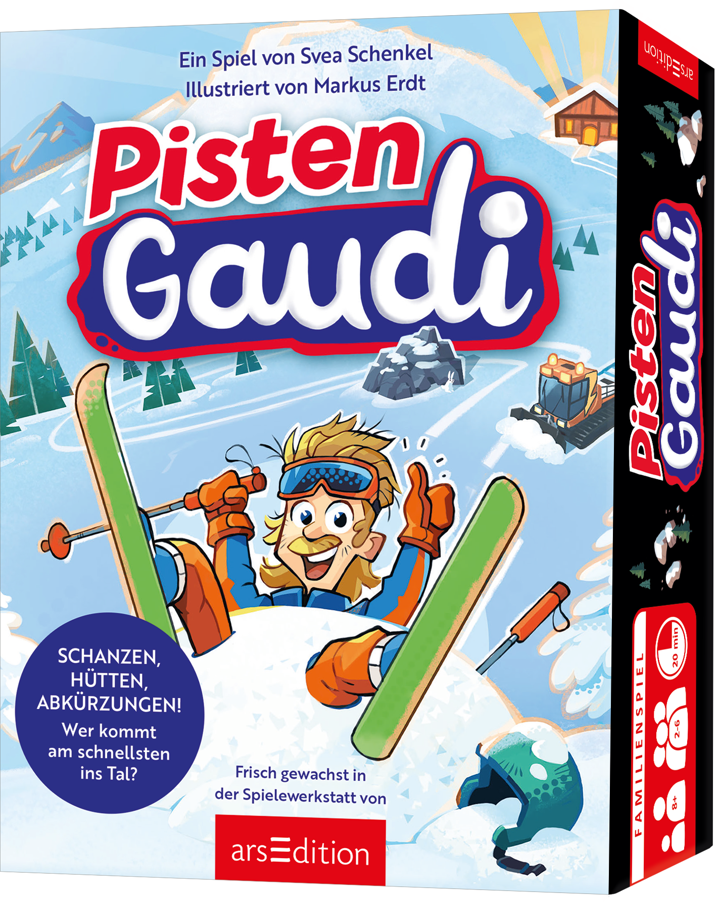 Das Buchcover zeigt den Titel „Pisten Gaudi“ in bunten, verspielten Buchstaben, die rot und blau hervorgehoben sind. Ein fröhlicher Skifahrer mit Ski in leuchtenden Farben, darunter ein hellblaues Skihorn, strahlt Lebensfreude aus. Im Hintergrund befinden sich verschneite Berge und eine Almhütte, die eine alpine Winterlandschaft darstellen. Oben links ist der Hinweis „Ein Spiel von Svea Schenkel, illustriert von Markus Erdt“ platziert. Ganz unten mittig steht der Logoschriftzug von...