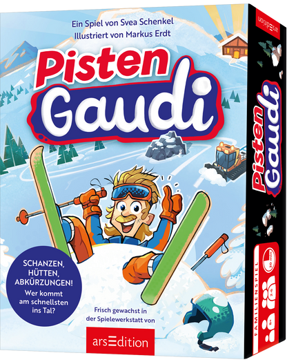 Das Buchcover zeigt den Titel „Pisten Gaudi“ in bunten, verspielten Buchstaben, die rot und blau hervorgehoben sind. Ein fröhlicher Skifahrer mit Ski in leuchtenden Farben, darunter ein hellblaues Skihorn, strahlt Lebensfreude aus. Im Hintergrund befinden sich verschneite Berge und eine Almhütte, die eine alpine Winterlandschaft darstellen. Oben links ist der Hinweis „Ein Spiel von Svea Schenkel, illustriert von Markus Erdt“ platziert. Ganz unten mittig steht der Logoschriftzug von...