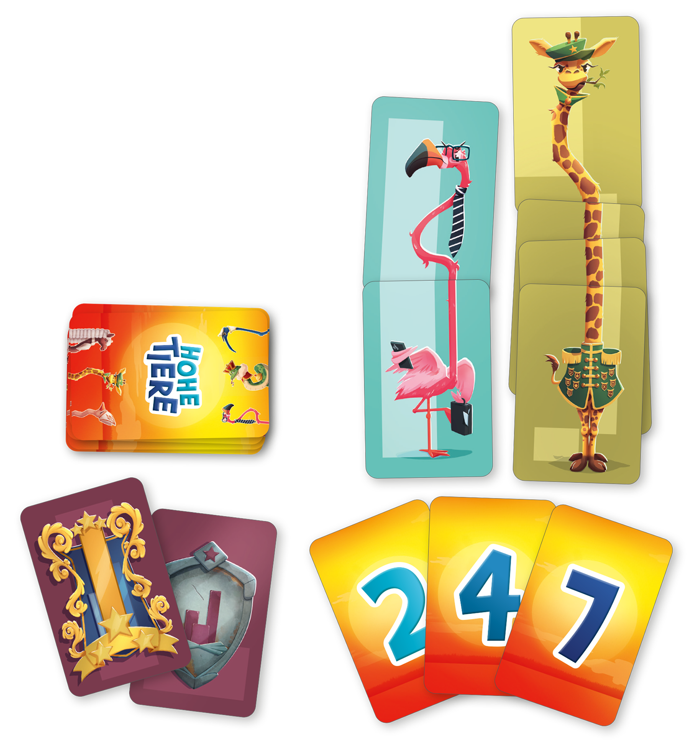 Gezeigt wird eine Innen- oder Zusatzansicht von „Hohe Tiere“. Das Bild zeigt eine farbenfrohe Kartenspielverpackung mit dem Titel „Hohe Tiere“ in blau und orange. Zwei vertikale Karten stehen aufrecht, eine zeigt einen rosa Flamingo und die andere einer Giraffe in militärischer Uniform. Daneben liegen mehrere rechteckige Karten in verschiedenen Farben, darunter rot und lila. Die Karten präsentieren große, helle Zahlen von 2 bis 7. Die Schrift ist modern und lesbar.