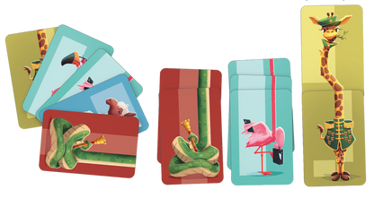 Gezeigt wird eine Innen- oder Zusatzansicht von „Hohe Tiere“. Die Ansicht beinhaltet mehrere Spielkarten in verschiedenen Farben und Designs. Die Karten zeigen stilisierte tierische Charaktere, darunter eine Giraffe in Uniform, einen Flamingo mit Hut und eine Schlange in einer dynamischen Pose. Die Farbpalette umfasst sanfte Blau-, Rot- und Grüntöne, die lebendig und ansprechend wirken. Die Typografie auf den Karten ist klar und gut lesbar, passend zum spielerischen Thema des Produkts.
