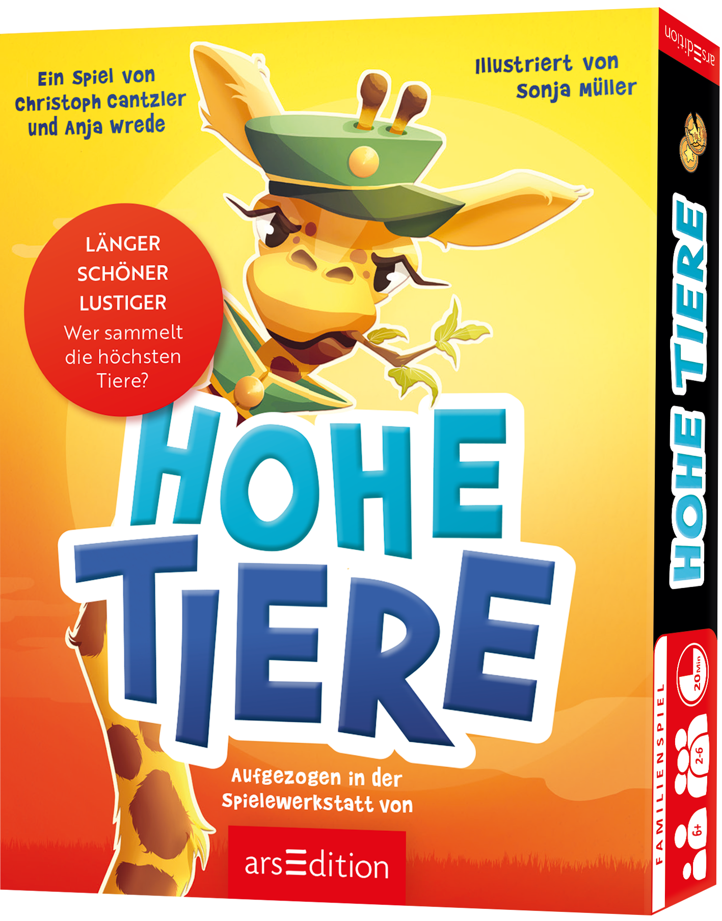 Das Buchcover zeigt eine fröhliche Giraffe in einem grünen Hut, die zur Seite blickt. Die Farben sind bunt und einladend, mit einer dominierenden gelben Hintergrundfarbe. Der Titel „HOHE TIERE“ ist prominent in großen, blauen Buchstaben platziert. Darüber steht in kleineren Schriftzügen „Ein Spiel von Anja Wrede und Christoph Cantzler“, während die Illustration von Sonja Müller credits erhält. Ganz unten mittig steht der Logoschriftzug von arsEdition.