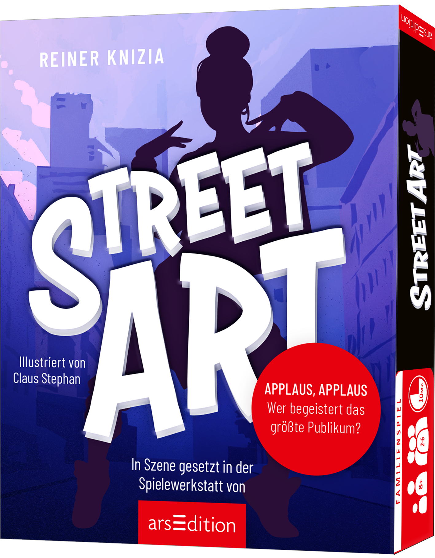 Cover zeigt eine dunkelviolette bis blaue Stadtsilhouette mit einer tanzenden schwarzen Scherenschnittfigur. Der Titel STREET ART ist groß, weiß und plastisch gesetzt, serifenlos und wuchtig. Autoren oben Reiner Knizia, Illustration von Claus Stephan. Roter Rundaufkleber mit der Aufschrift „APPLAUS, APPLAUS Wer begeistert das größte Publikum“ vermittelt urbanen, dynamischen, spielerischen Charakter. Ganz unten mittig steht der Logoschriftzug von arsEdition.