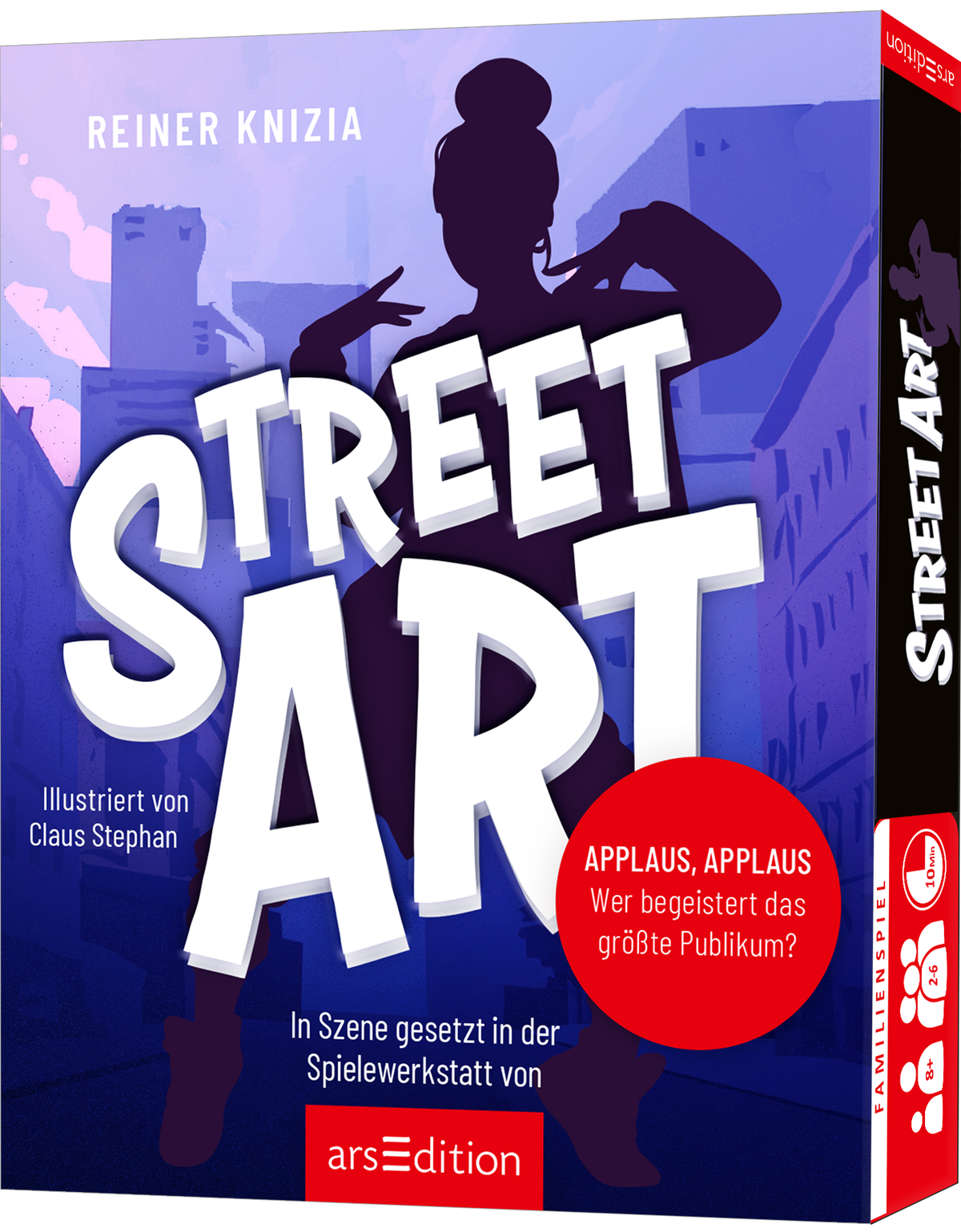 Cover zeigt eine dunkelviolette bis blaue Stadtsilhouette mit einer tanzenden schwarzen Scherenschnittfigur. Der Titel STREET ART ist groß, weiß und plastisch gesetzt, serifenlos und wuchtig. Autoren oben Reiner Knizia, Illustration von Claus Stephan. Roter Rundaufkleber mit der Aufschrift „APPLAUS, APPLAUS Wer begeistert das größte Publikum“ vermittelt urbanen, dynamischen, spielerischen Charakter. Ganz unten mittig steht der Logoschriftzug von arsEdition.