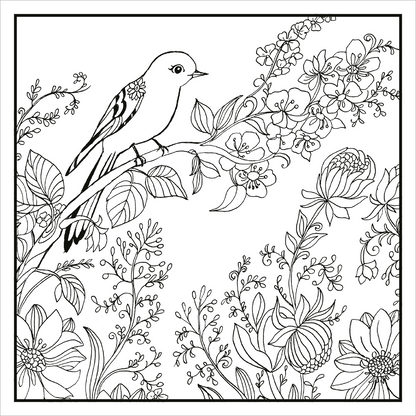 Gezeigt wird eine Innen- oder Zusatzansicht von „Ausmalen. Abschalten. Glücklich sein.“. Die Illustrationen zeigen einen detaillierten Vogel, der auf einem blühenden Ast sitzt, umgeben von üppigen Blumen und zarten Blättern. Die Linien sind klar und präzise, in einem kontrastreichen Schwarz-Weiß-Design gehalten, welches eine Vielzahl von natürlichen Formen und Muster darstellt. Die Schrift ist in einer sanften, eleganten Typografie gestaltet, die Ruhe und Kreativität ausstrahlt.