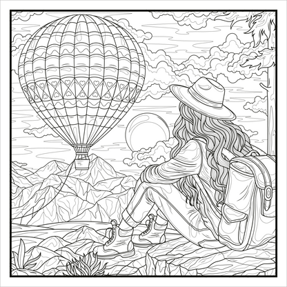 Gezeigt wird eine Innen- oder Zusatzansicht von „Ausmalen. Abschalten. Glücklich sein.“. Die Illustration zeigt eine Frau mit langen, welligen Haaren und einem Hut, die auf einem Felsen sitzt und eine Landschaft betrachtet. Im Hintergrund schwebt ein bunter Heißluftballon über Berggipfeln. Die Szene ist in klaren, schwarz-weißen Konturen gehalten, mit einem Fokus auf die entspannende Atmosphäre und Naturdetails wie Wolken und Pflanzen. Die klare Typografie unterstützt die visuelle...
