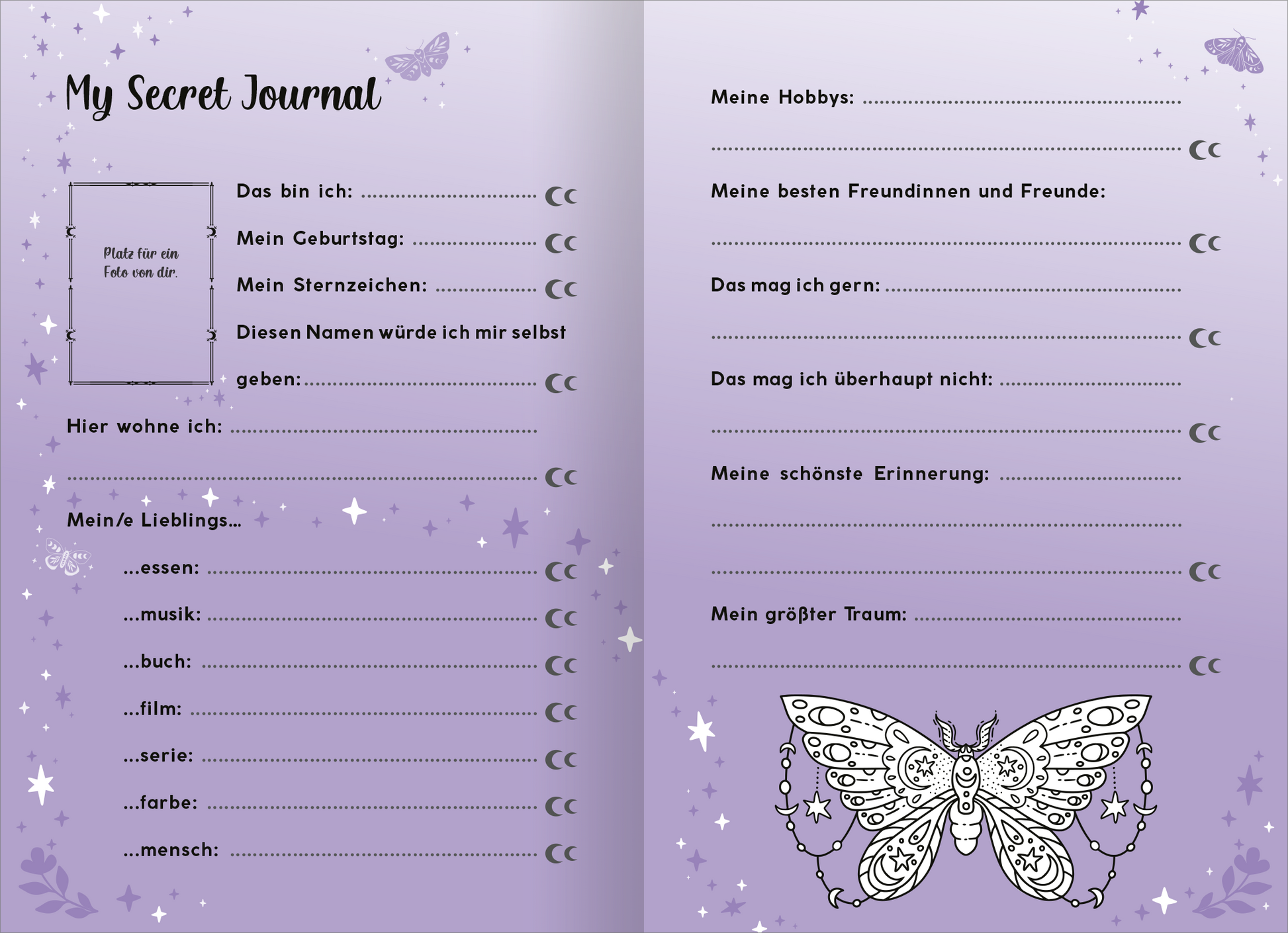 Gezeigt wird eine Innenansicht von „My Secret Journal | Tagebuch mit Schloss“. Die beiden Seiten sind in sanften Lilatönen gehalten und mit zarten, glitzernden Sternen sowie Schmetterlingen verziert. Auf der linken Seite finden sich vorgedruckte Felder für persönliche Angaben wie „Das bin ich“ und „Hier wohne ich“. Rechts stehen Themen wie „Meine Hobbys“ und „Meine besten Freundinnen und Freunde“ zum Ausfüllen bereit. Die verspielte Typografie vermittelt eine einladende...
