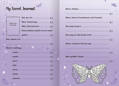 Gezeigt wird eine Innenansicht von „My Secret Journal | Tagebuch mit Schloss“. Die beiden Seiten sind in sanften Lilatönen gehalten und mit zarten, glitzernden Sternen sowie Schmetterlingen verziert. Auf der linken Seite finden sich vorgedruckte Felder für persönliche Angaben wie „Das bin ich“ und „Hier wohne ich“. Rechts stehen Themen wie „Meine Hobbys“ und „Meine besten Freundinnen und Freunde“ zum Ausfüllen bereit. Die verspielte Typografie vermittelt eine einladende...