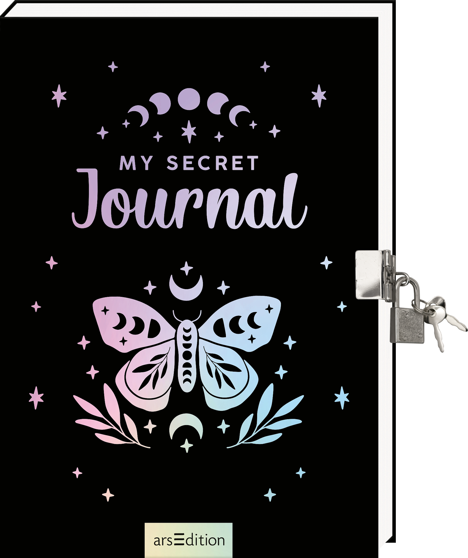 Das Buchcover zeigt einen schwarzen Hintergrund mit einer schimmernden, irisierten Schmetterlingsillustration in zarten Pastellfarben, umgeben von kleinen Sternen und Mondphasen. Der Titel „MY SECRET Journal“ prangt in großem, geschwungenem Schriftzug in Weiß und Pastell, was dem Cover eine geheimnisvolle und verträumte Atmosphäre verleiht. Oben rechts ist ein kleiner Vorhängeschloss-Clip zu sehen. Ganz unten mittig steht der Logoschriftzug von arsEdition.