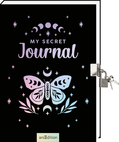 Das Buchcover zeigt einen schwarzen Hintergrund mit einer schimmernden, irisierten Schmetterlingsillustration in zarten Pastellfarben, umgeben von kleinen Sternen und Mondphasen. Der Titel „MY SECRET Journal“ prangt in großem, geschwungenem Schriftzug in Weiß und Pastell, was dem Cover eine geheimnisvolle und verträumte Atmosphäre verleiht. Oben rechts ist ein kleiner Vorhängeschloss-Clip zu sehen. Ganz unten mittig steht der Logoschriftzug von arsEdition.