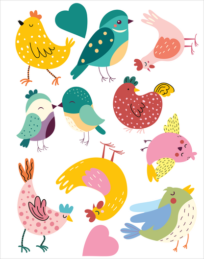 Gezeigt wird eine Innen- oder Zusatzansicht von „Diamant-Oster-Anhänger“. Die Darstellung zeigt eine bunte Auswahl von grafisch gestalteten Vögeln in verschiedenen Farben wie Gelb, Grün, Rosa und Blau. Die Vögel sind verspielt gezeichnet und variieren in Position und Form. Der Hintergrund ist hell, wodurch die lebendigen Farben der Vögel hervorstechen. Außerdem sind einige Herzen in der Komposition integriert, die eine fröhliche und einladende Atmosphäre schaffen.