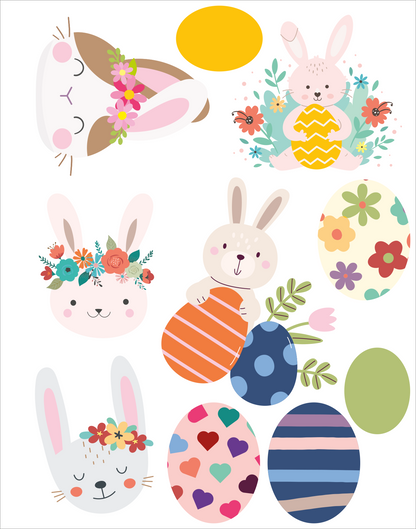 Gezeigt wird eine Innen- oder Zusatzansicht von „Diamant-Oster-Anhänger“. Die Darstellung enthält verschiedene fröhliche, bunt gestaltete Osterhasen und Ostereier in sanften Pastellfarben. Die Hasen sind mit Blumenkränzen verziert, während die Eier mit echten Blumen, Herzen und gestreiften Mustern geschmückt sind. Die Typografie und grafischen Elemente sind spielerisch und kinderfreundlich gestaltet, wodurch eine festliche und einladende Atmosphäre vermittelt wird.