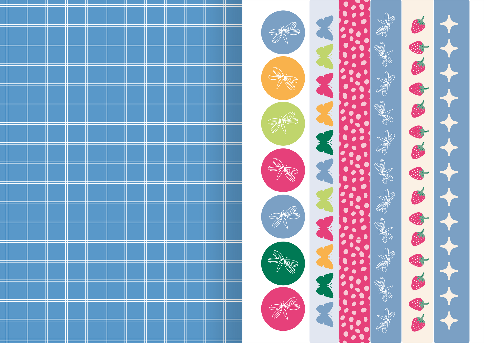 Gezeigt wird eine Innen- oder Zusatzansicht von „I Love to Bloom – Sticker-Liebe“. Die Darstellung umfasst einen karierten Hintergrund in Blau auf der linken Seite. Rechts sind farbenfrohe Sticker angeordnet, darunter runde und rechteckige Formen in Tönen wie Orange, Grün, Pink und Hellblau. Zu sehen sind Motive wie Schmetterlinge und Erdbeeren sowie Punkte und Sterne. Die Typografie ist schlicht gehalten, ohne textuelle Elemente.