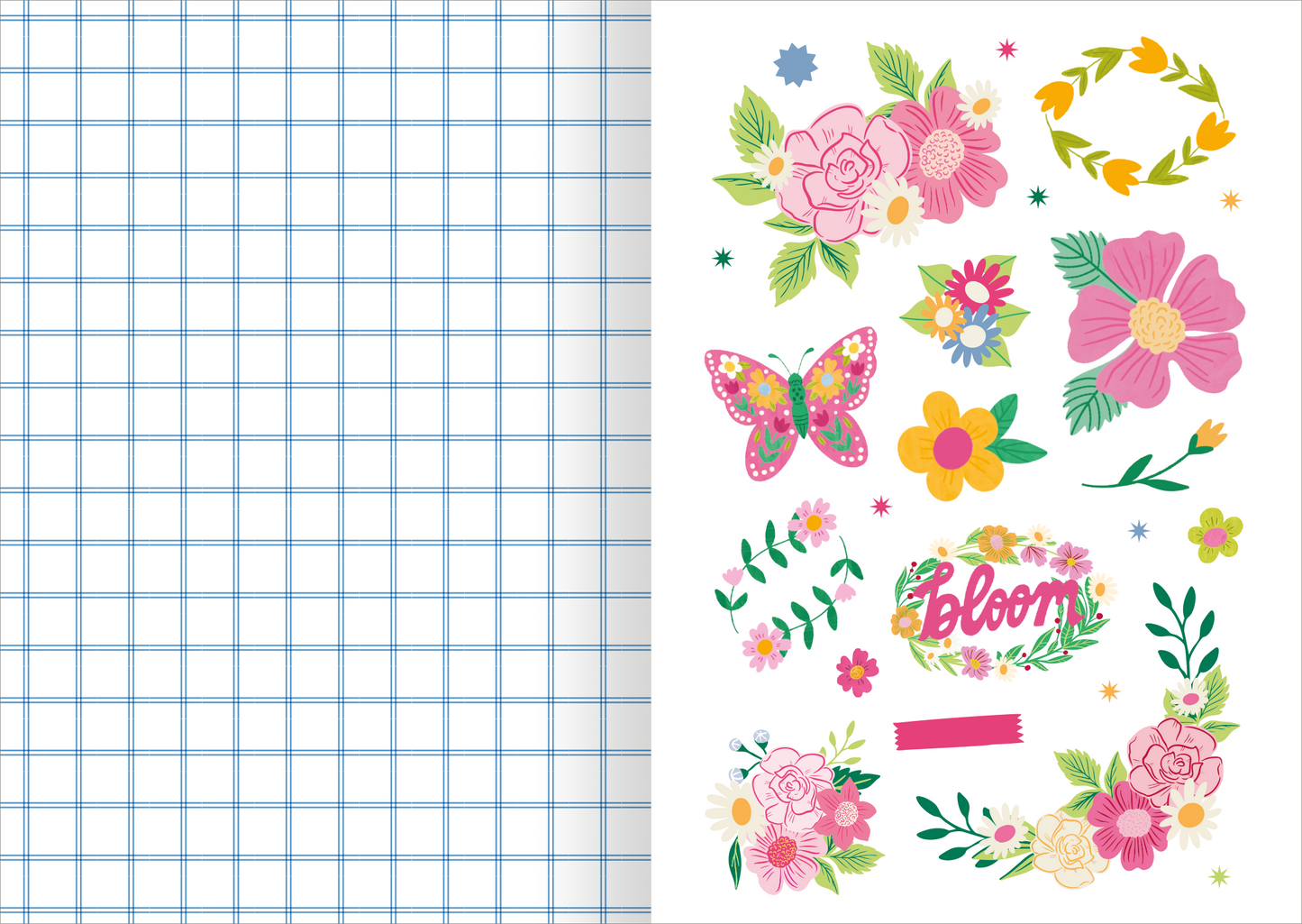 Gezeigt wird eine Innen- oder Zusatzansicht von „I Love to Bloom – Sticker-Liebe“. Die Seite zeigt eine Vielzahl von bunten Stickern, darunter florale Motive in Pink, Gelb und Grün, sowie eine Schmetterlingsillustration. Der Schriftzug „bloom“ ist in einer verspielten, roten Schriftart gestaltet. Der Hintergrund der Seite ist hell, und auf der linken Seite ist ein kariertes Raster in Blau sichtbar, was dem Layout Struktur verleiht.