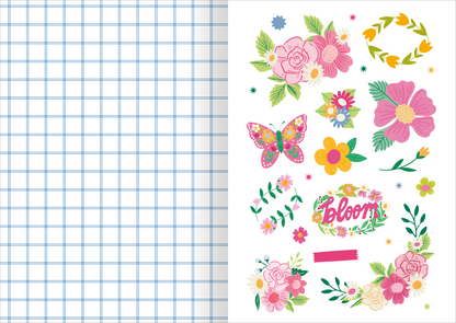Gezeigt wird eine Innen- oder Zusatzansicht von „I Love to Bloom – Sticker-Liebe“. Die Seite zeigt eine Vielzahl von bunten Stickern, darunter florale Motive in Pink, Gelb und Grün, sowie eine Schmetterlingsillustration. Der Schriftzug „bloom“ ist in einer verspielten, roten Schriftart gestaltet. Der Hintergrund der Seite ist hell, und auf der linken Seite ist ein kariertes Raster in Blau sichtbar, was dem Layout Struktur verleiht.