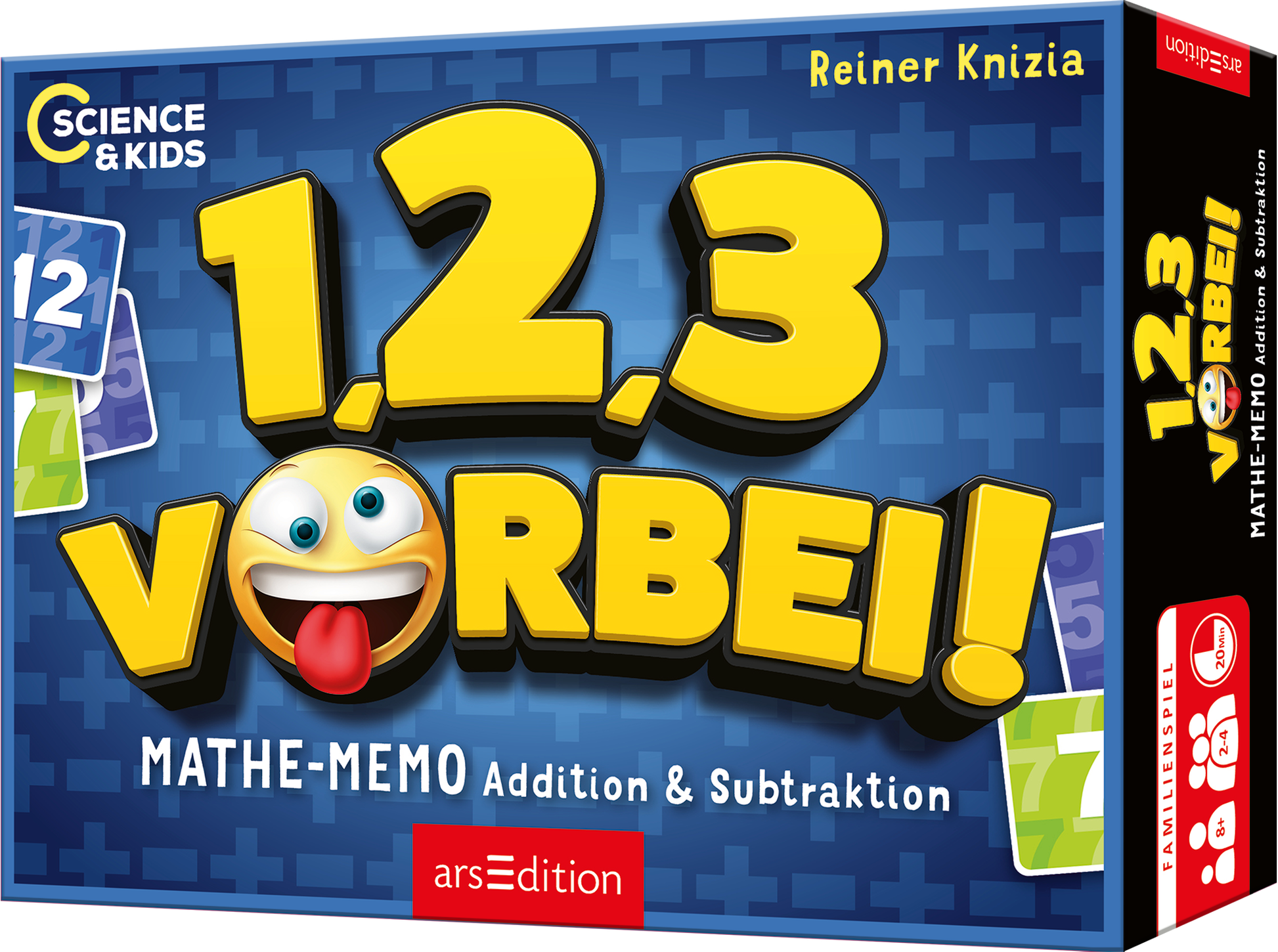 Das Buchcover zeigt den Titel „1,2,3 VORBEI!“ in großen, gelben Buchstaben, die vor einem blauen, wortspielhaften Hintergrund stehen, der mit Zahlenmustern verziert ist. In der Mitte befindet sich ein fröhliches Emoji mit herausgestreckter Zunge. Darunter steht „MATHE-MEMO Addition &amp; Subtraktion“ in einer klaren, weißen Schrift. Oben rechts ist der Authorennamen „Reiner Knizia“ abgebildet. Ein roter SPIEGEL-Bestseller-Button ist in der oberen rechten Ecke vorhanden. Ganz...