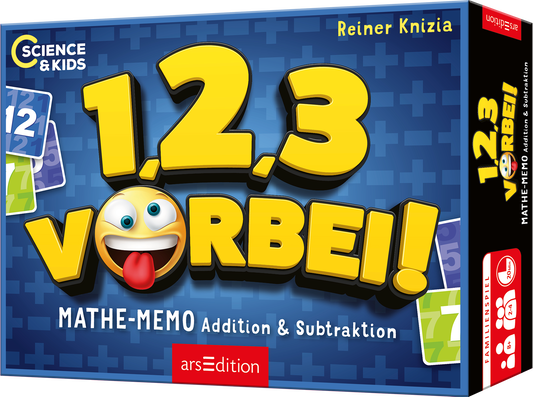 Das Buchcover zeigt den Titel „1,2,3 VORBEI!“ in großen, gelben Buchstaben, die vor einem blauen, wortspielhaften Hintergrund stehen, der mit Zahlenmustern verziert ist. In der Mitte befindet sich ein fröhliches Emoji mit herausgestreckter Zunge. Darunter steht „MATHE-MEMO Addition &amp; Subtraktion“ in einer klaren, weißen Schrift. Oben rechts ist der Authorennamen „Reiner Knizia“ abgebildet. Ein roter SPIEGEL-Bestseller-Button ist in der oberen rechten Ecke vorhanden. Ganz...