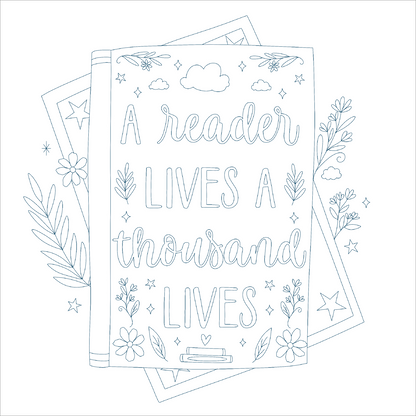 Gezeigt wird eine Innen- oder Zusatzansicht von „A Page is Just the Beginning“. Die Abbildung zeigt ein stilisiertes Buchcover mit dem Text „A reader lives a thousand lives“ in verspielter Typografie. Umgeben von Blumen- und Blättermustern sind auch Wolken und Sterne zu sehen, die dem Design eine lebendige und einladende Atmosphäre verleihen. Die Verwendung von sanften, zurückhaltenden Farben unterstützt das freundliche und kreative Gesamtbild.