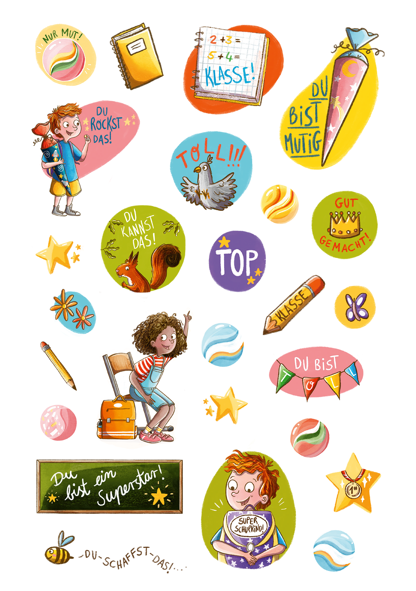 Gezeigt wird eine Innen- oder Zusatzansicht von „Mutmach-Sticker“. Die bunte Collage enthält verschiedene Aufkleber mit motivierenden Sprüchen wie „Du rockst das!“ und „Du bist mutig!“, umgeben von fröhlichen Illustrationen von Kindern und Tieren. Die Farbtöne reichen von leuchtendem Gelb und Rot bis zu sanften Blau- und Grüntönen. In verschiedenen Schriftarten und -größen wird eine spielerische Typografie verwendet, die die positive Botschaft der Sticker unterstreicht.