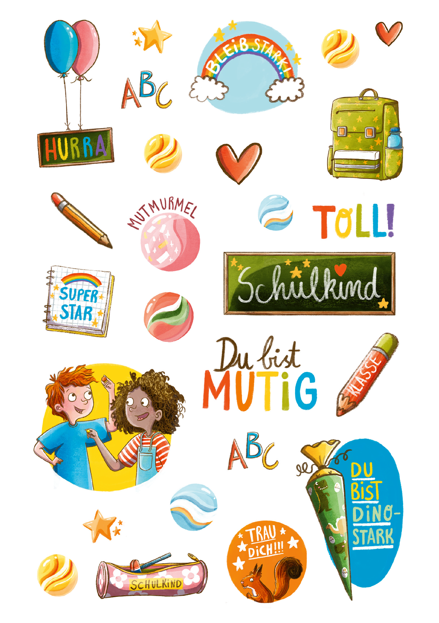 Gezeigt wird eine Innen- oder Zusatzansicht von „Mutmach-Sticker“. Die Aufkleber bestehen aus fröhlichen, bunten Illustrationen, darunter Heliumballons, Notizblätter und eine grüne Schultasche. Die Farben sind lebhaft und vielschichtig, mit Rot-, Blau- und Gelbtönen. Zentrale Schriftzüge wie „Du bist MUTIG“ und „Schulkind“ heben sich durch eine verspielte Typografie ab. Stimmungsvolle Symbole wie Herzen und Sterne ergänzen das motivierende Gesamtbild.