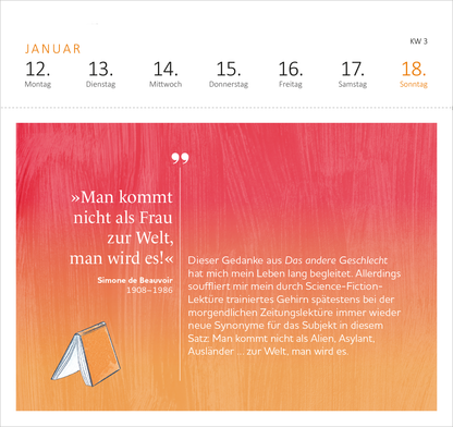 Gezeigt wird eine Innen- oder Zusatzansicht von „Postkartenkalender Schecks Literaturkalender 2026“. Die Seite präsentiert ein Zitat von Simone de Beauvoir, umgeben von sanften Farbverläufen in Rosa und Orange. Oben befindet sich der Monat Januar sowie die Wochentage in einer klaren, modernen Schriftart. Der Text ist in einer gut lesbaren Schriftform gestaltet, während ein stilisiertes Buch am unteren Rand visualisiert ist.