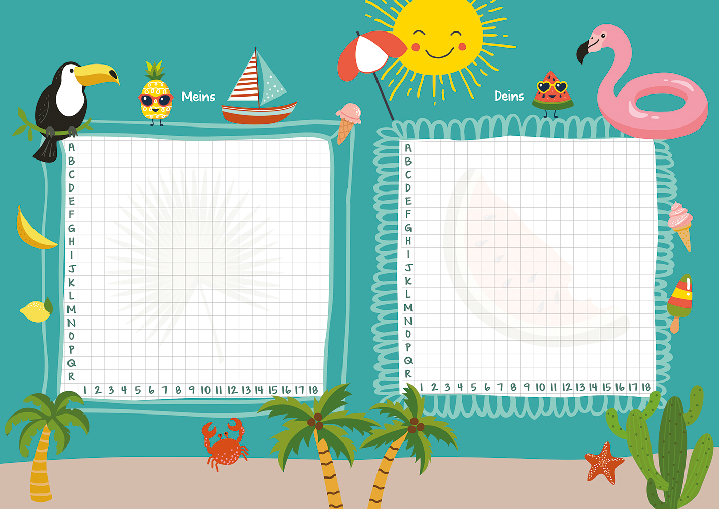 Gezeigt wird eine Innen- oder Zusatzansicht von „Schiffe versenken“. Die Darstellung zeigt zwei quadratische Spielfelder auf einem türkisfarbenen Hintergrund, eingerahmt von bunten, verspielten Illustrationen. Links befindet sich das Feld „Meins“ mit Ziffern und Buchstaben, rechts das Feld „Deins“. Oben strahlt eine gelbe Sonne, umgeben von einem rosa Flamingo, einer grünen Krabbe und weiteren maritimen Motiven. Die Typografie ist klar und gut lesbar, passend zur Zielgruppe.