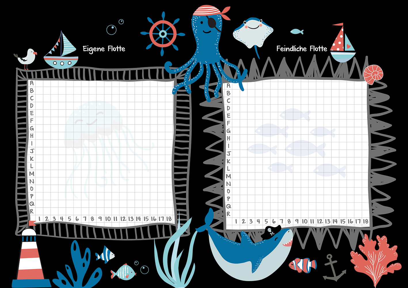 Gezeigt wird eine Innen- oder Zusatzansicht von „Schiffe versenken“. Die Darstellung zeigt zwei quadratische Spieltafeln, die durch eine zackige Linie getrennt sind. Links befindet sich die „Eigene Flotte“ mit weißen Kästchen, auf denen die Buchstaben A bis J und die Zahlen 1 bis 10 eingezeichnet sind. Rechts steht die „Feindliche Flotte“ mit einem ähnlichen Layout. Rund um die Tafeln sind maritime Illustrationen in lebendigen Farben, darunter ein blauer Oktopus, Schiffe und...