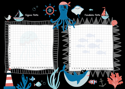 Gezeigt wird eine Innen- oder Zusatzansicht von „Schiffe versenken“. Die Darstellung zeigt zwei quadratische Spieltafeln, die durch eine zackige Linie getrennt sind. Links befindet sich die „Eigene Flotte“ mit weißen Kästchen, auf denen die Buchstaben A bis J und die Zahlen 1 bis 10 eingezeichnet sind. Rechts steht die „Feindliche Flotte“ mit einem ähnlichen Layout. Rund um die Tafeln sind maritime Illustrationen in lebendigen Farben, darunter ein blauer Oktopus, Schiffe und...