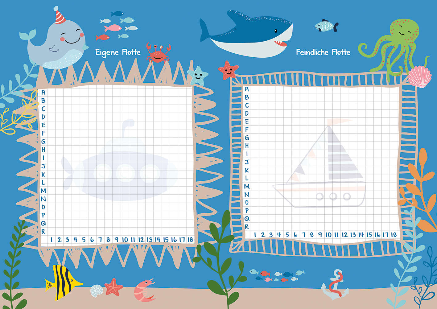 Gezeigt wird eine Innen- oder Zusatzansicht von „Schiffe versenken“. Die Darstellung zeigt einen hellblauen Hintergrund mit maritimen Motiven. Links befindet sich ein Raster für die „Eigene Flotte“, rechts das Raster für die „Feindliche Flotte“, jeweils umgeben von muschelförmigen Rändern. Zahlreiche bunte Illustrationen von Fischen, einem Wal, einem Oktopus und anderen Meeresbewohnern schaffen eine verspielte Atmosphäre. Die Typografie ist klar und gut lesbar, mit...