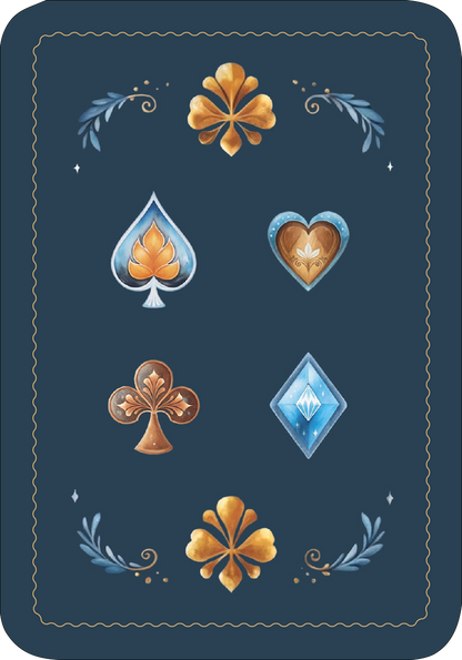 Gezeigt wird eine Innen- oder Zusatzansicht von „Spielkarten. Rommé, Bridge, Canasta und Co.“. Die Rückseite der Karte ist in einem tiefen Blau gehalten und verziert mit stilisierten goldenen und blauen Symbolen, die vier Kartenfarben darstellen: Herz, Pik, Karo und Kreuz. Umrahmt wird das Design von eleganten floralen Motiven in hellen Farben. Die Kombination aus geschwungenen Linien und kräftigen Farben sorgt für eine ansprechende visuelle Harmonie.
