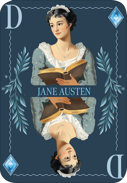 Gezeigt wird eine Innen- oder Zusatzansicht von „Spielkarten. Rommé, Bridge, Canasta und Co.“. Die Karte präsentiert eine Abbildung von Jane Austen in traditioneller Kleidung, die ein Buch hält. Der Hintergrund ist in einem tiefen Blau gehalten, während die Kante in hellerem Blau mit einem stilisierten Diamanten verziert ist. In der Mitte der Karte ist der Name „JANE AUSTEN“ in größerer, klarer Schrift platziert. Die gesamte Typografie ist elegant und gut lesbar.