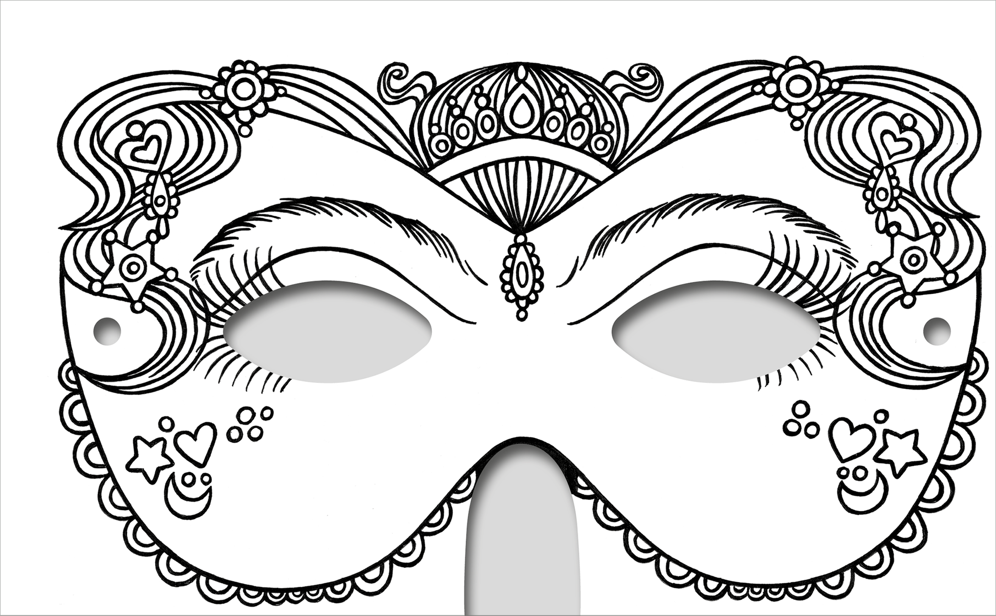 Gezeigt wird eine Innen- oder Zusatzansicht von „Diamantmasken – Glitzerspaß“. Die Maske ist in einem klaren, farbenfrohen Design mit schwingenden Linien und verspielten Motiven dargestellt. Sie zeigt zahlreiche Details wie Herzen, Sterne und geschwungene Muster. Die Augenöffnungen sind oval und befinden sich in der Mitte, wobei die Maskenoberkante mit einer filigranen Ornamentik sowie einer Krone verziert ist. Die Verwendung von Schwarz auf weißem Hintergrund betont die...