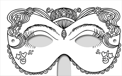 Gezeigt wird eine Innen- oder Zusatzansicht von „Diamantmasken – Glitzerspaß“. Die Maske ist in einem klaren, farbenfrohen Design mit schwingenden Linien und verspielten Motiven dargestellt. Sie zeigt zahlreiche Details wie Herzen, Sterne und geschwungene Muster. Die Augenöffnungen sind oval und befinden sich in der Mitte, wobei die Maskenoberkante mit einer filigranen Ornamentik sowie einer Krone verziert ist. Die Verwendung von Schwarz auf weißem Hintergrund betont die...