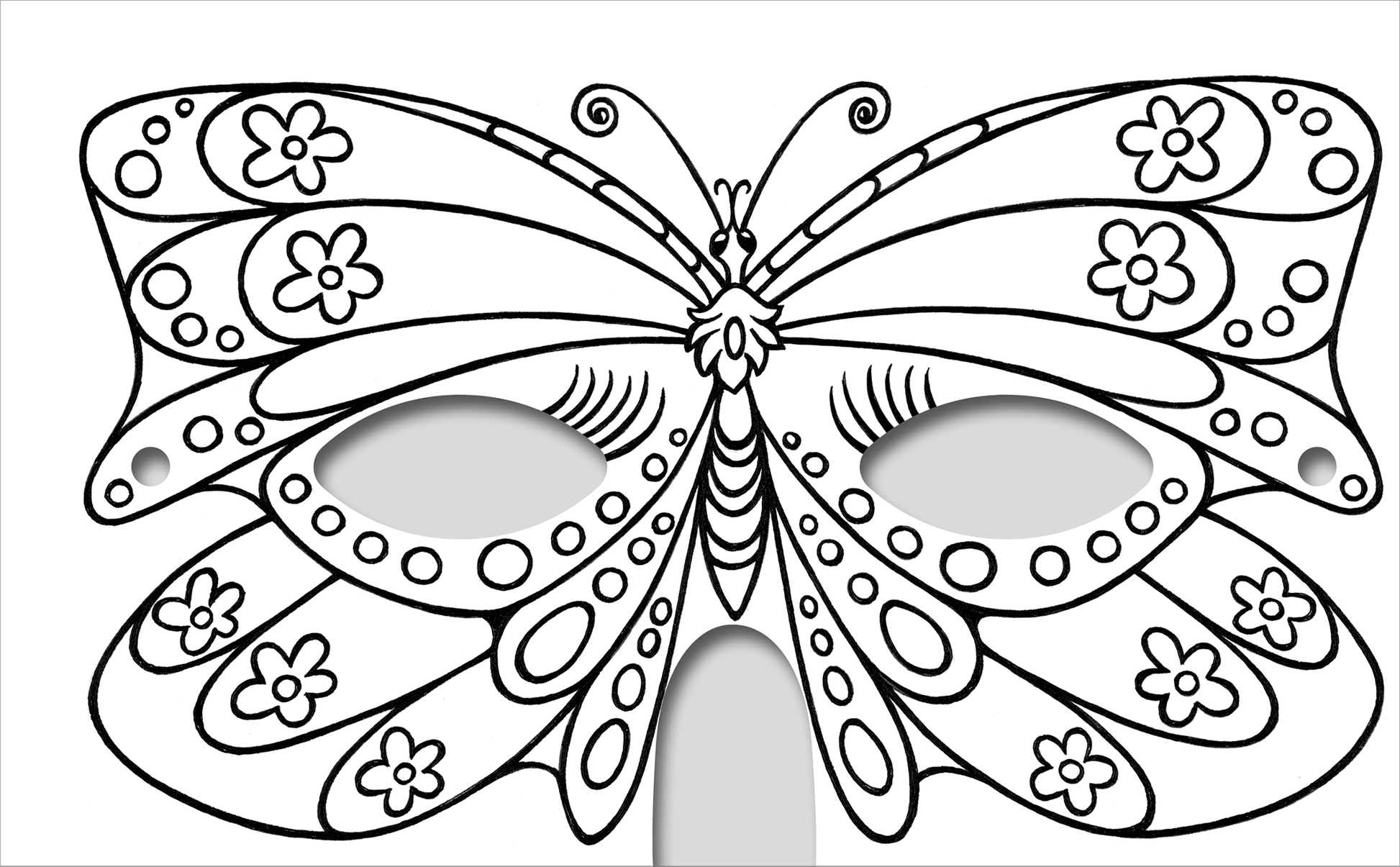 Gezeigt wird eine Innen- oder Zusatzansicht von „Diamantmasken – Glitzerspaß“. Die Abbildung zeigt eine leicht stilisierte Schmetterlingsmaske im Ausmal-Stil, umgeben von floralen Mustern. Die Maske hat runde Augenausschnitte, während die Flügel in verschiedenen Formen angeordnet sind. Die Linien sind klar und schwarz, was Raum für kreative Farbgestaltung lässt. Insgesamt vermittelt die Darstellung Freude und Kreativität.